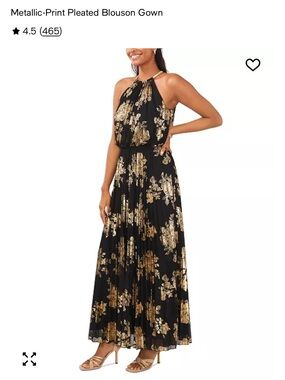 Metallic-Print Pleated Black & Gold Blouson Gown